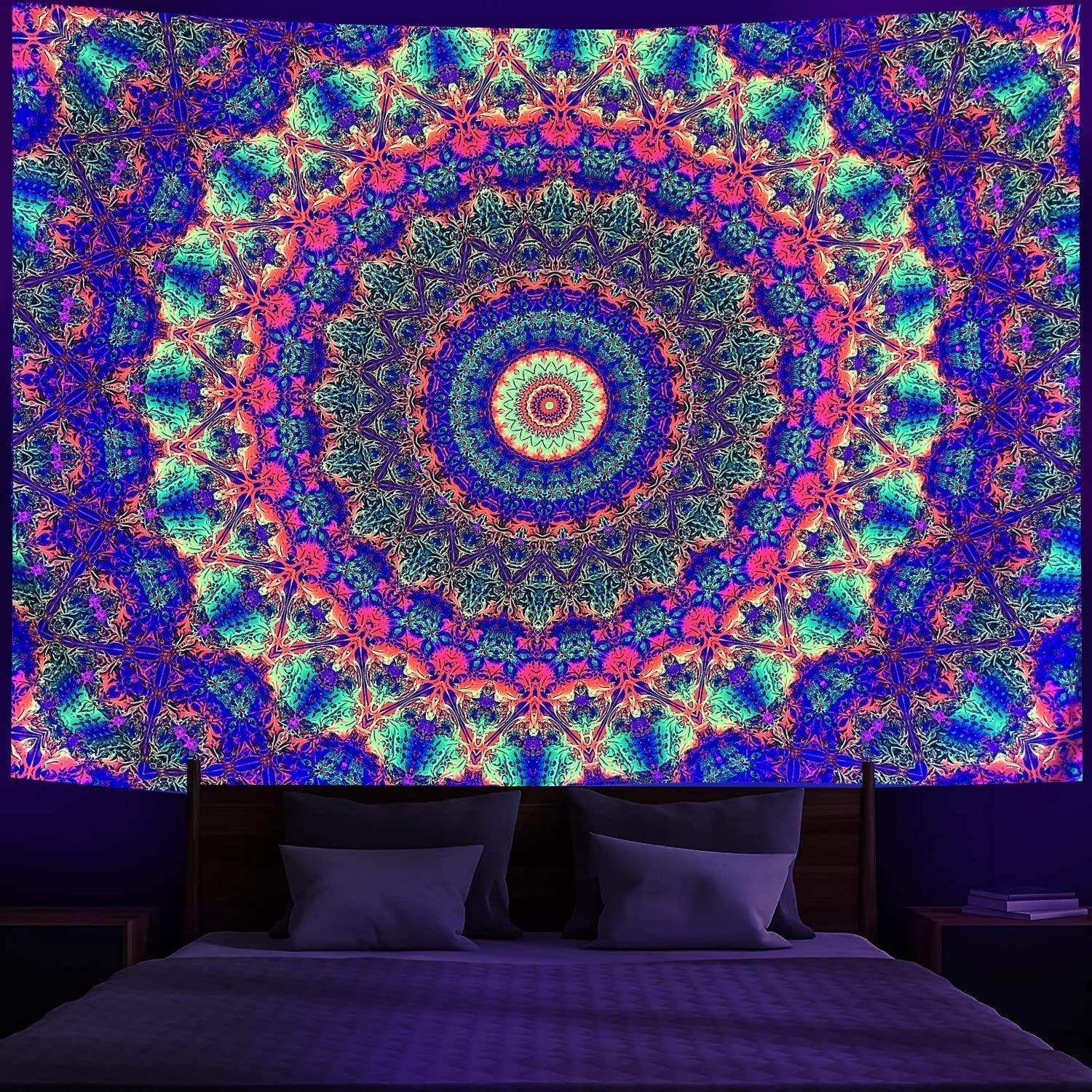 

VIKAMA Fluorescent Mandala Tapestry with Neon Bohemian Patterns for Bedroom Living Room Decor Aesthetic Wall Art 74x94cm(29x37in)