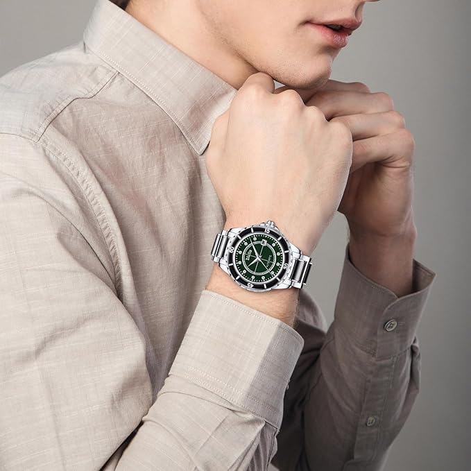 Diella Men's Mechanical Watch with Jadeite Cut, Unique Texture, Date Display, Luminous Hands and Markers, and 5 ATM Water Resistance (AD6020-SI)