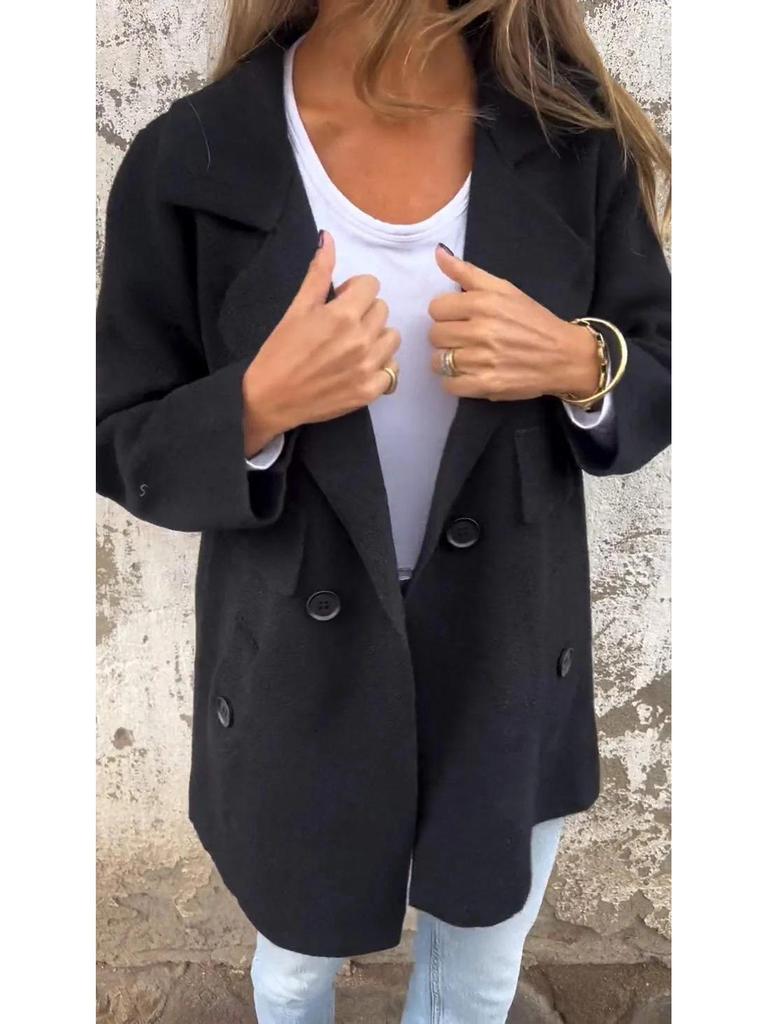 2024 Women's European & American Solid Color Lapel Pocket Cardigan Mid-length Coat for Autumn & Winter