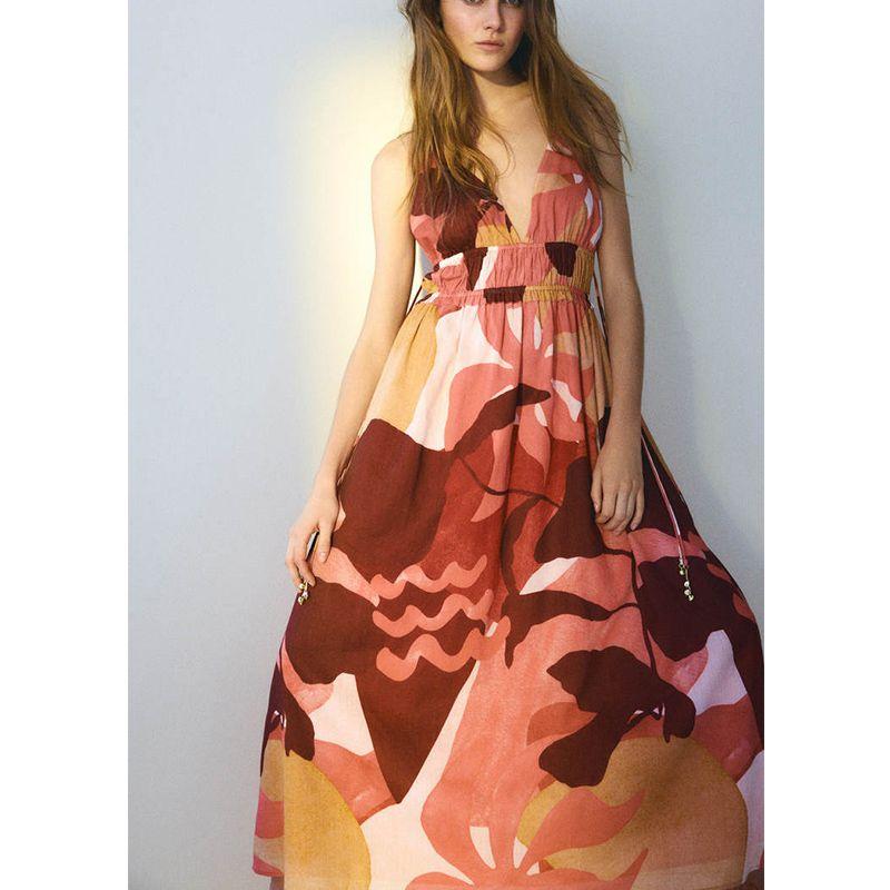 Summer New Product Women's Clothes Cotton V Neck Sleeveless Fluffy Skirt Crepe Woven Long Sling Dress 1289459