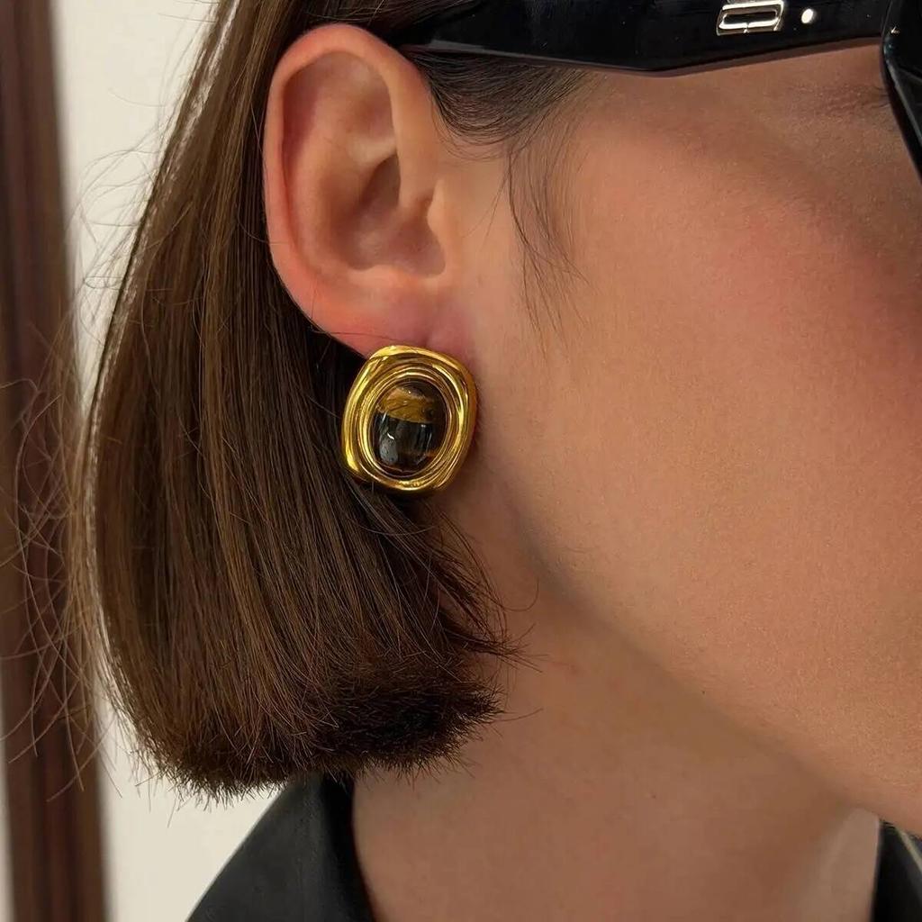 IngeSight.Z Classic Retro 18K Gold Plated Stainless Steel Stud Earrings Women Fashion Natural Stone Square Geometric Ear Jewelry