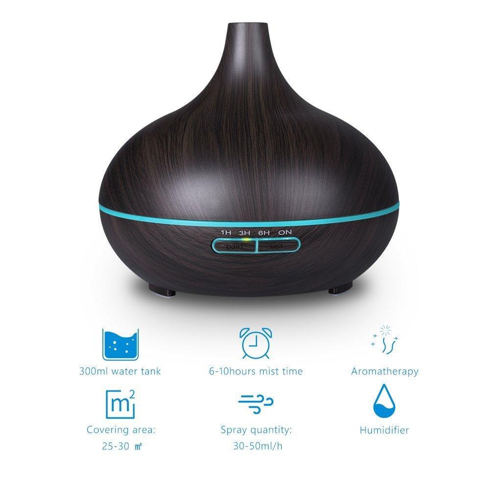 300ml Ultrasonic Air Humidifier Aroma Essential Oil Diffuser With Wood Grain 7 Color Changing Led Lights For Home Office Difusor