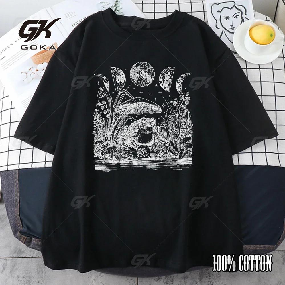 Cute Cottagecore Aesthetic Frog Mushroom Moon Witch Mens Tshirt Clothing Retro Casual 100 Cotton T Creative Mens Print Top