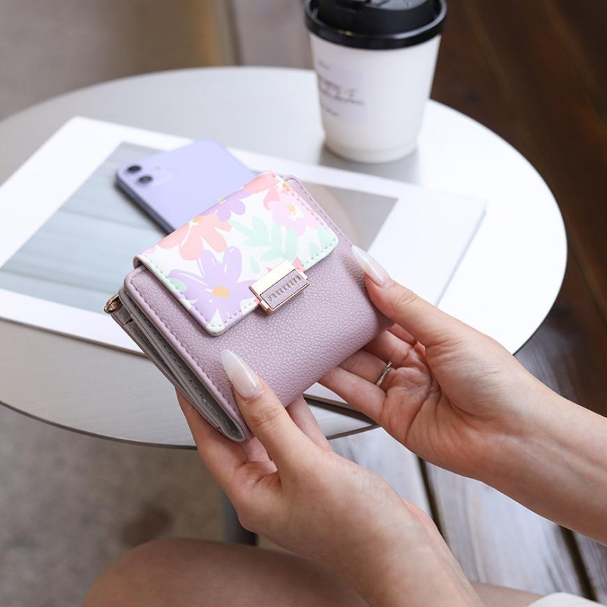 PU Leather  Loose Change Printed Buckle Folding Zipper Student Coin Card