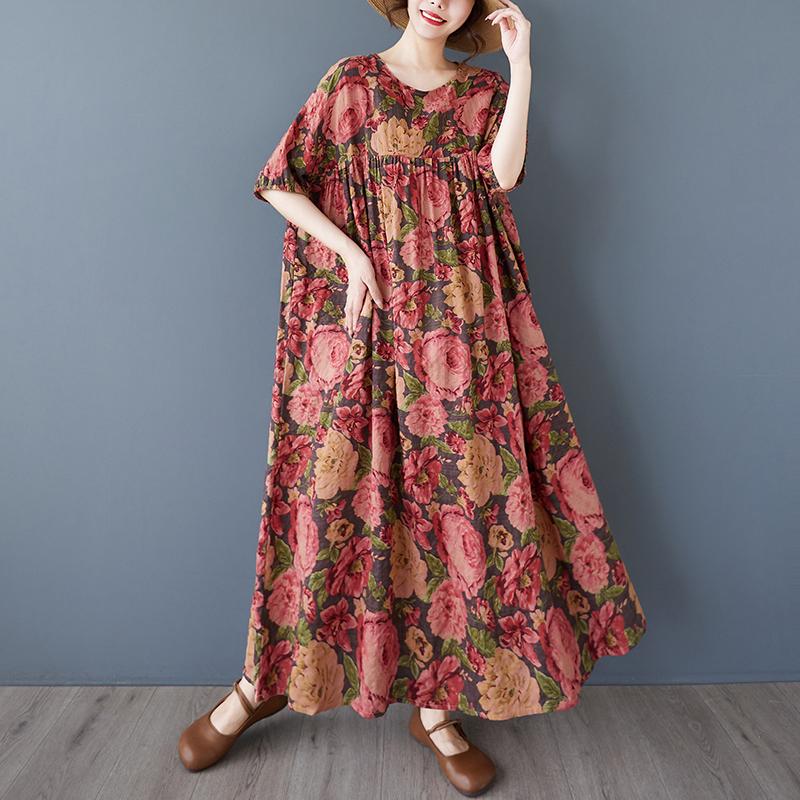 DIMANAF 2025 Summer Women Plus Size Vintage Long Dress Short Sleeve Casual Basic Floral Printing Loose Dress