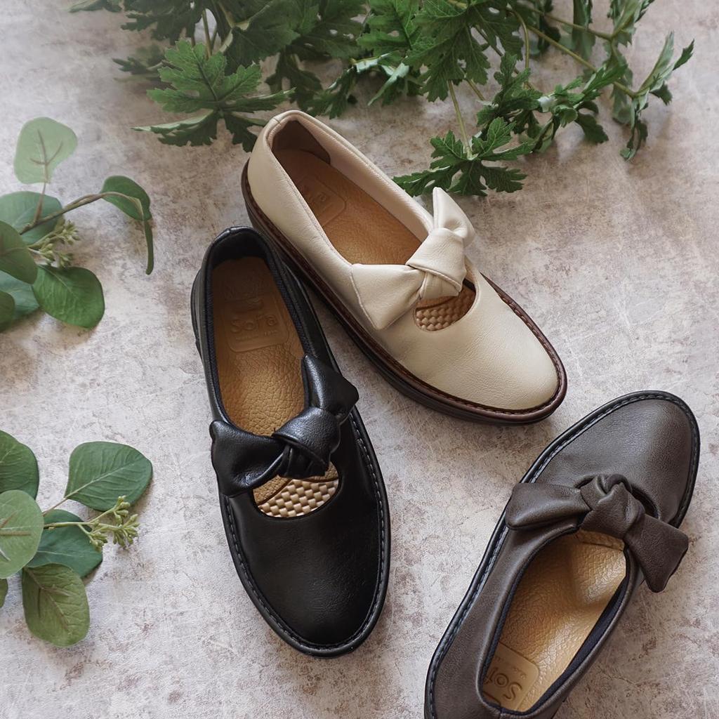 Belle & Sofa AMAND Flats with Ribbons, Comfortable, Slip-On, Vegan Leather, Made in Japan, Made in Japan (Black, Size 23.0 cm)