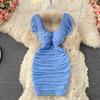 Sexy Short Sleeved High Waist Slimming Pleated Square Collar Wrapped Hip Dress