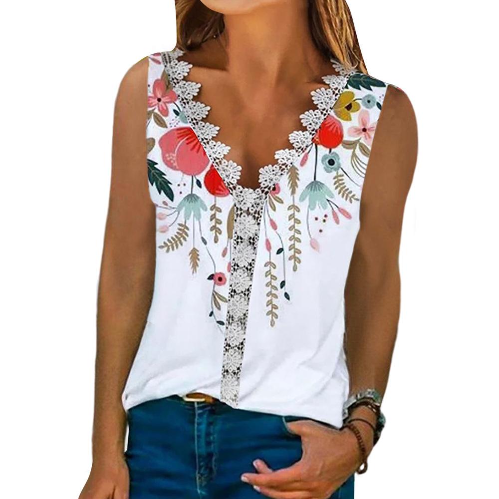 

Летняя женская футболка, удобная повседневная кружевная футболка с v-образным вырезом и принтом, женские топы S