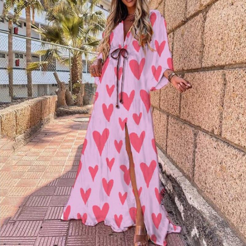 2026 Bohemian Loose V-Neck Split Hem Printed Maxi Dress Women Plus Size Flowy Long Sleeve Casual