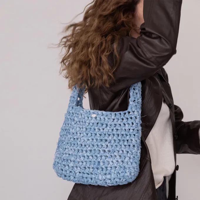 No.180 / Denim Crochet Shoulder Bag _ Light Blue (Denim Crochet Knit Shoulder Bag)