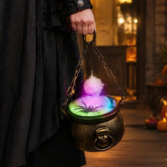 Portable Magic Pot Halloween Cauldron Decoration, Spooky Large Witch with Colorful LED Light, Black Plastic Candy Bowl for Trick or Treat, Party Decor