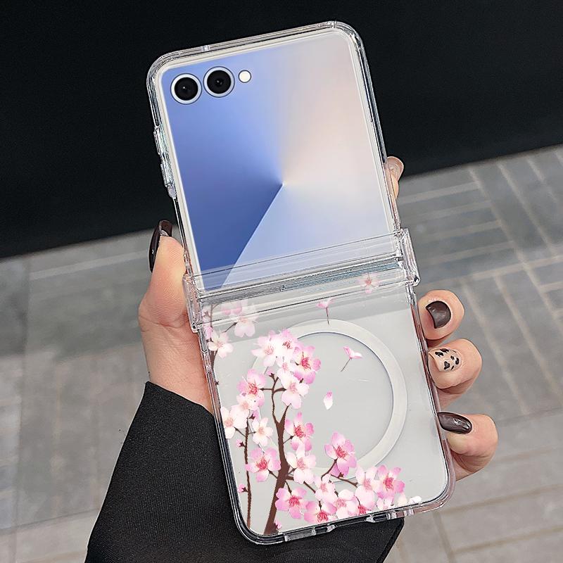 Magnetic Phone Case For Samsung Galaxy Z Flip 7 FE 7 6 5 4 Flip7 Flip6 Flip5 For Magsafe Artistic Flower Painting Clear PC Cover