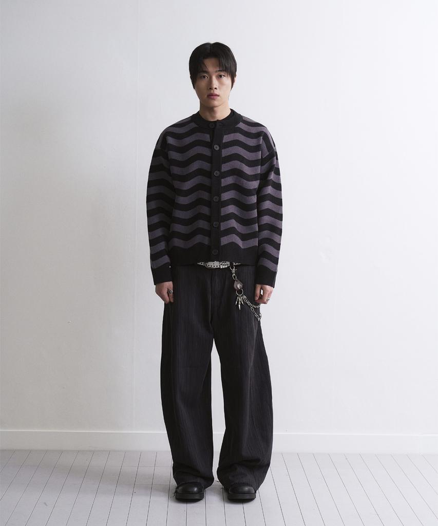 Untitled Seoul Striped Wave Knit Cardigan Black