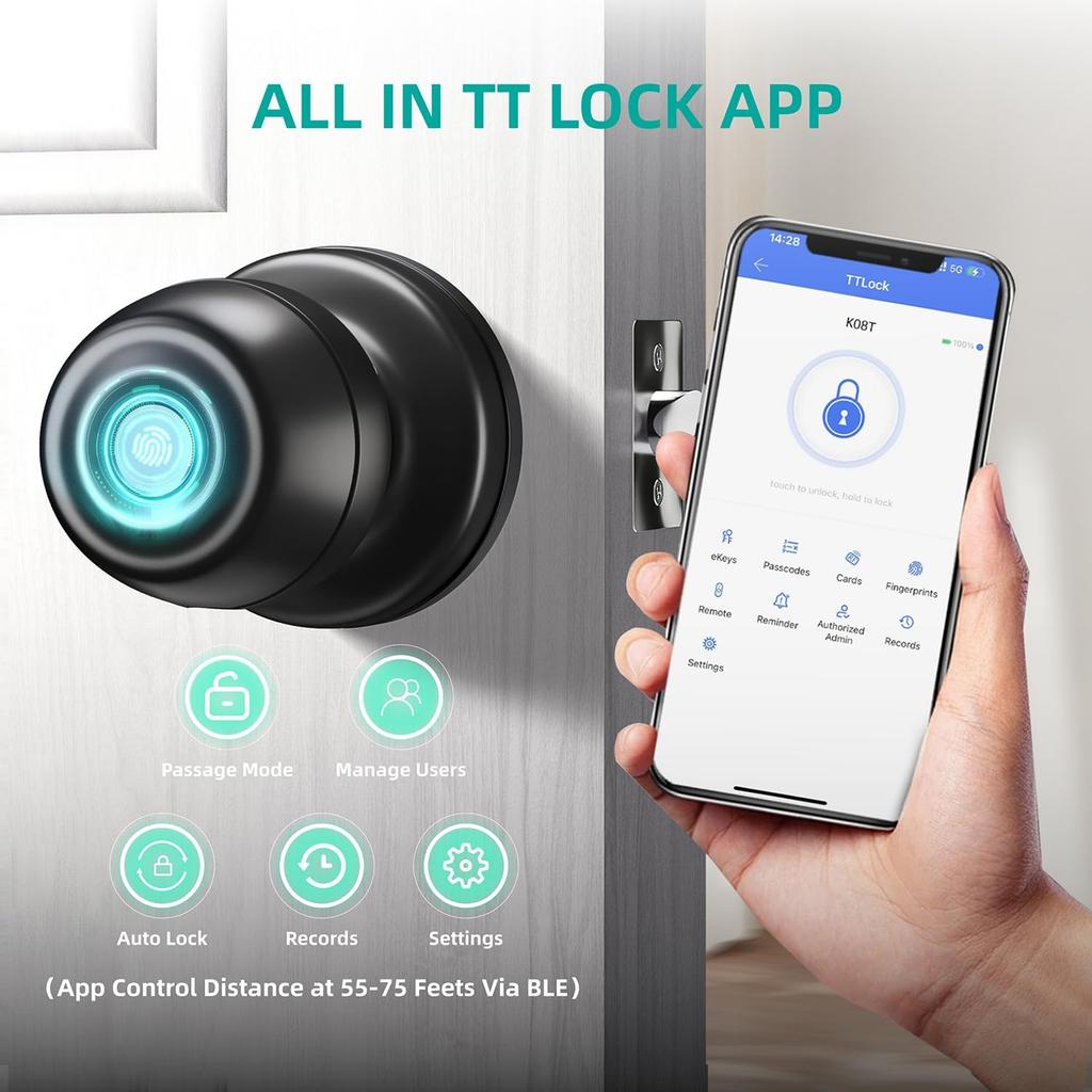 Smart Door Knob, Fingerprint Door Knob, Biometric Smart Door Lock with App Control, Metal Alloy Door Knobs, Easy Installation, Great for Bedrooms,