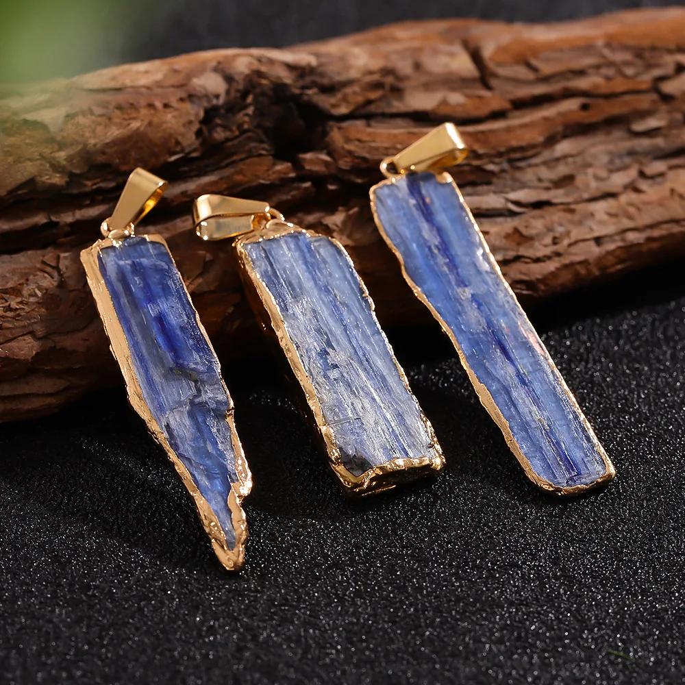 1pc Natural Blue Kyanite Amethyst Crystal Chakra Pendant Reiki Healing Pendant Wrap Golden Edge
