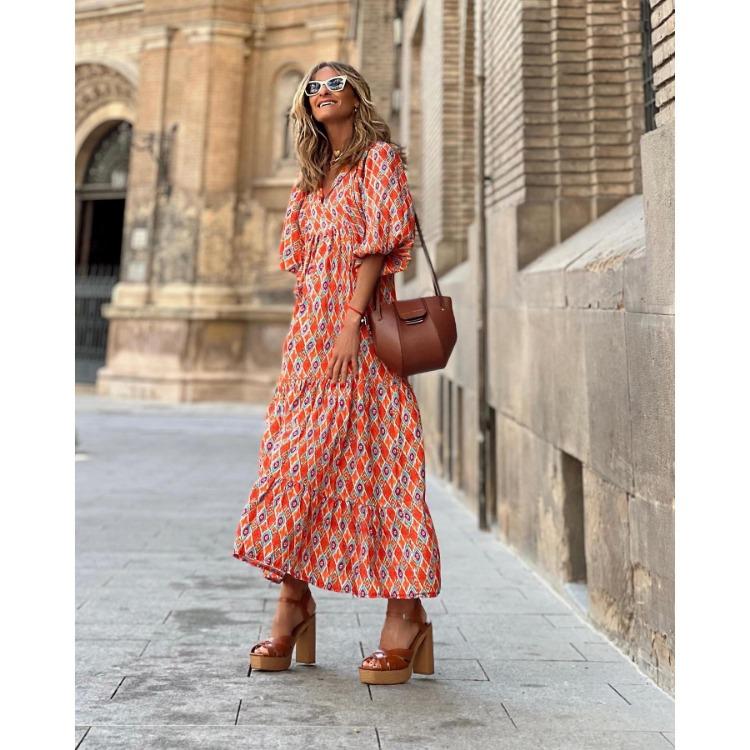 European American Women Maxi Dress Geometric Puff Sleeve Street Style