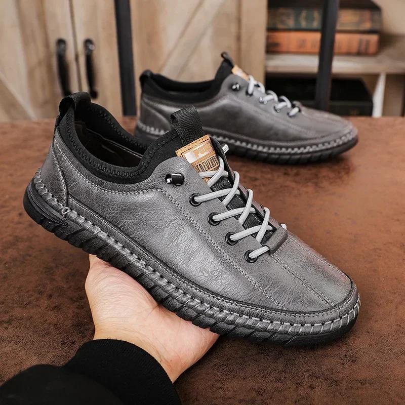 Shoes for Men Leather Casual Handmade Shoes Outdoor Hiking Sneakers Men Breathable Lace Up Sport Mens Shoes