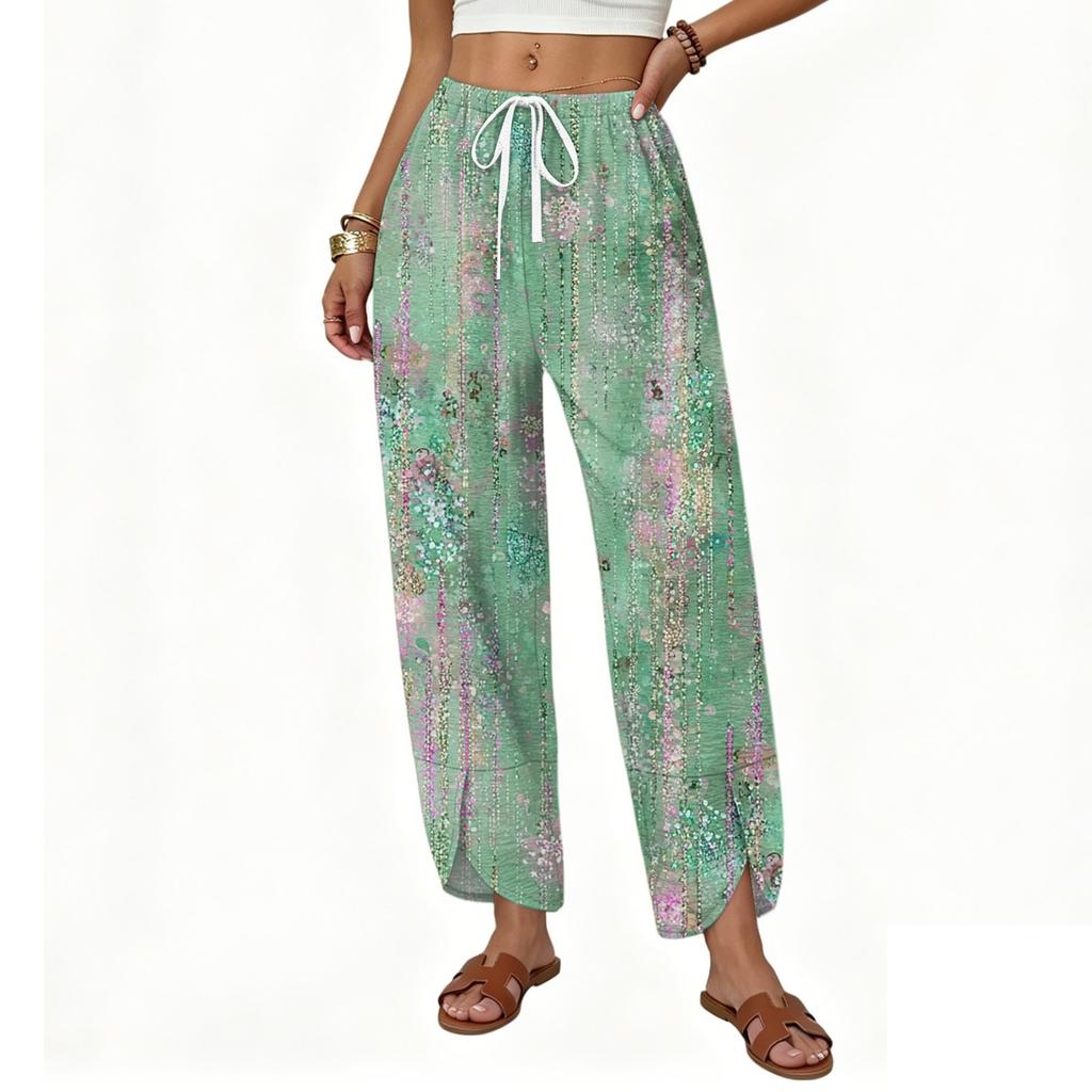 Womens Loose Drawstring Wide Leg Pants 2025 Summer Elastic Waist Casual Straight Leg Floral Print Lounge Trousers With Pockets