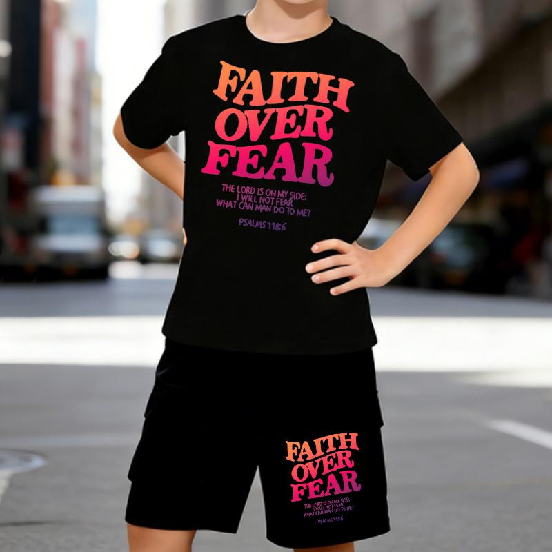 

Boys 2 Piece Faith Over Fear Print Outfit, Short Sleeve T-Shirt and Shorts Set for Kids Age 5-14, Black and White Sporty Casual Summer Clothes 5-6 Years чёрный