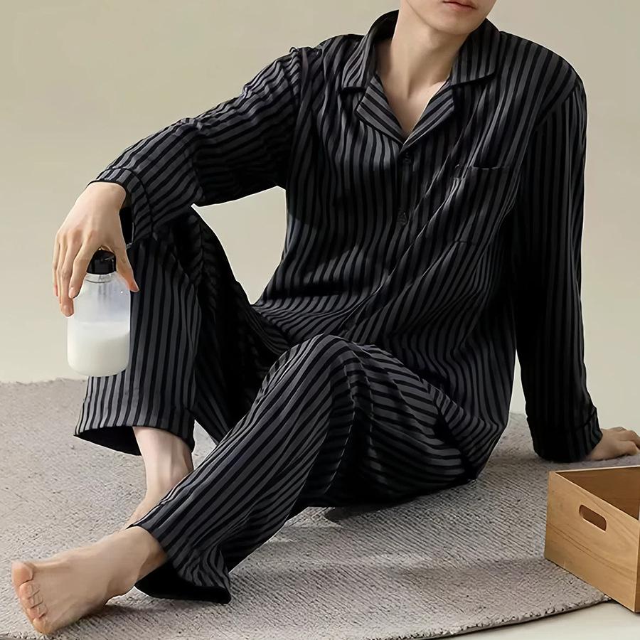 Men's Loose-Fit Pure Cotton Pajama Set: Long Sleeve Cardigan & Pants for Spring/Autumn