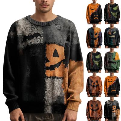 Herren Langarm Pullover Strickpullover Lässiger Halloween-Print Strick Übergröße