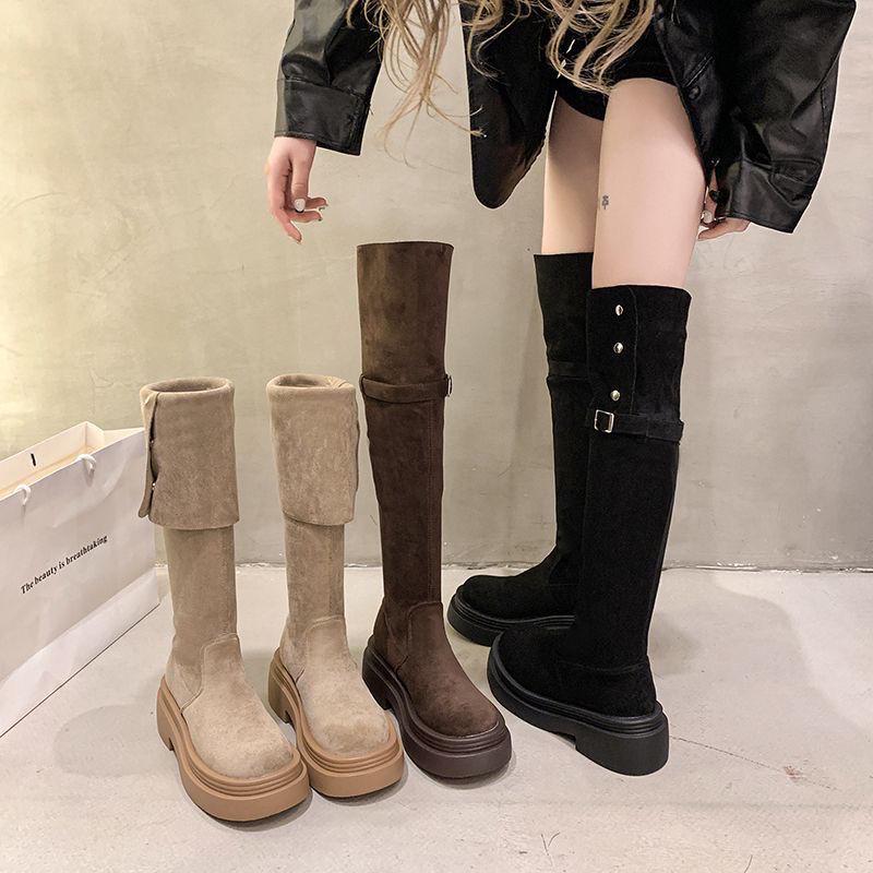 2025 Autumn/Winter Women's Chunky Heel Knee-High Foldable Boots