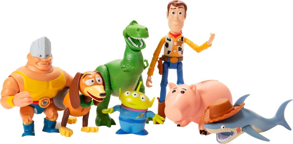Mattel Disney and Pixar Toy Story 7-Piece Action Figure Set with Woody, Slinky, Rex, Hamm, Alien, Rocky, and Shark - Disney100 Collectibles