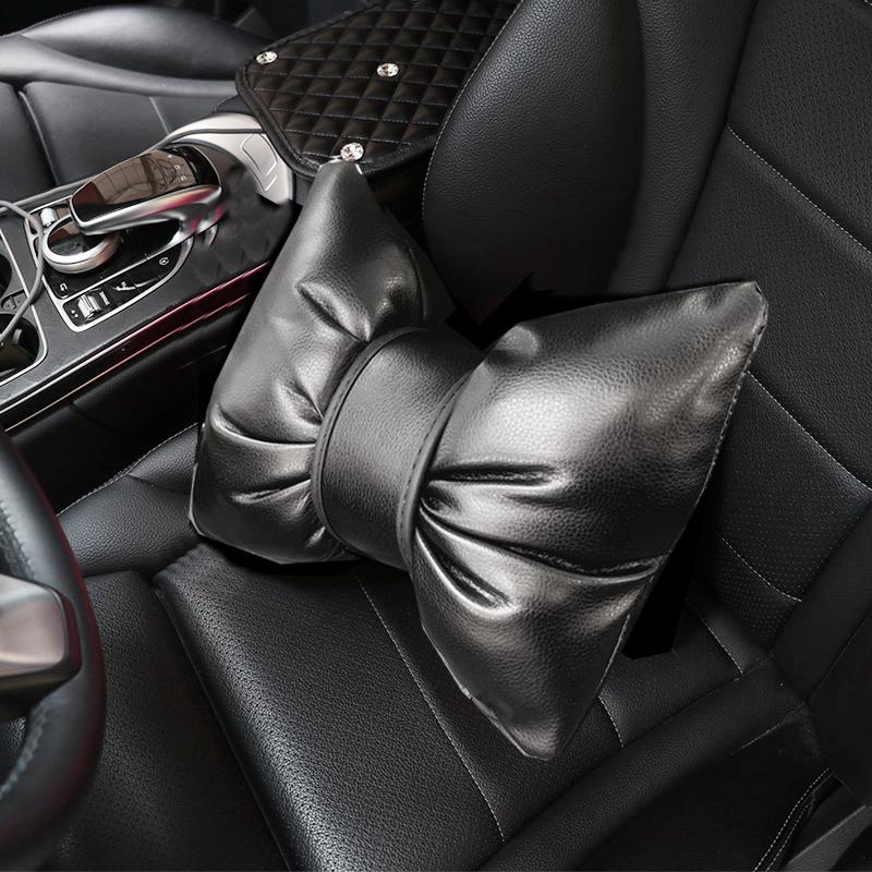Classic Bowknot PU Leather Car Neck Pillow Waist Support Pillows Auto Seat Headrest Cover Car Accessories for Women Girls