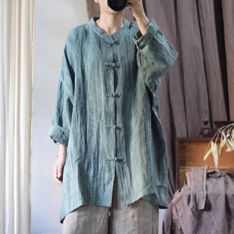 

Винтажная льняная рубашка в китайском стиле, ретро, с неровными длинными рукавами, однотонная, женская блузка на осень One Size зелёный
