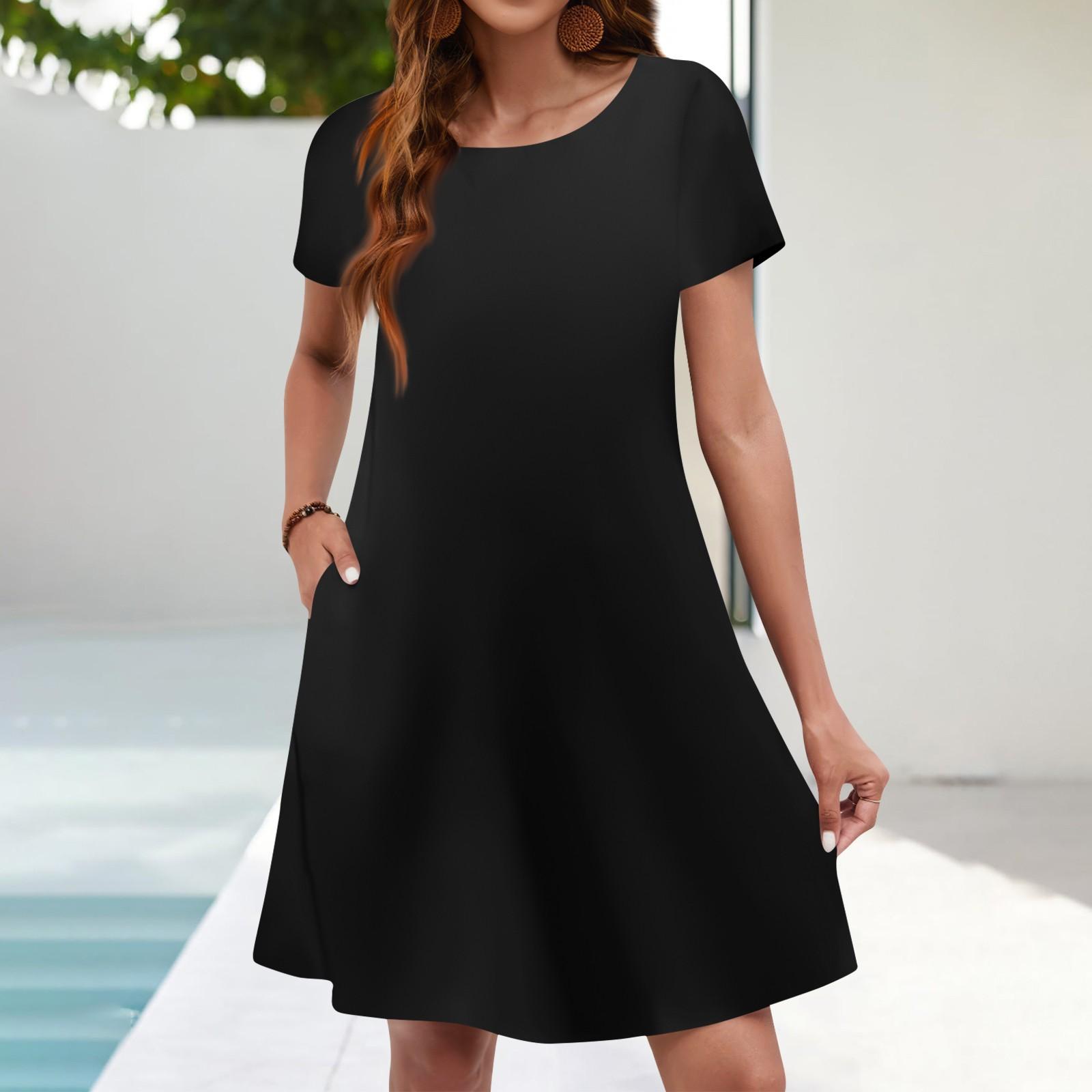 

Летние платья для женщин. Пляжный сарафан с цветочным принтом и короткими рукавами. Повседневное платье-футболка с карманами. L чёрный