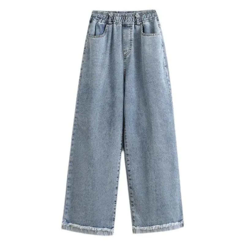 Summer Plus Size New Women Loose Vintage Straight High Waisted Roll Edge Elastic Long Jeans Lady Casual Versatile Wide Leg Pants