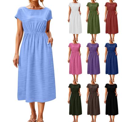 Women Short Sleeve Crew Neck Pocket Waist Cinched Loose Fit Casual Midi Dress for Everyday Wear Work Vacation
