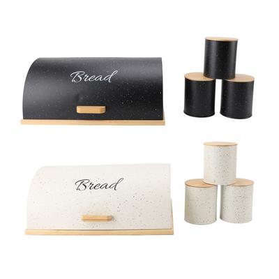 Boîte à pain en bois et fer, conteneur de stockage de pain à côtés plats avec 3 pots de rangement pour la cuisine