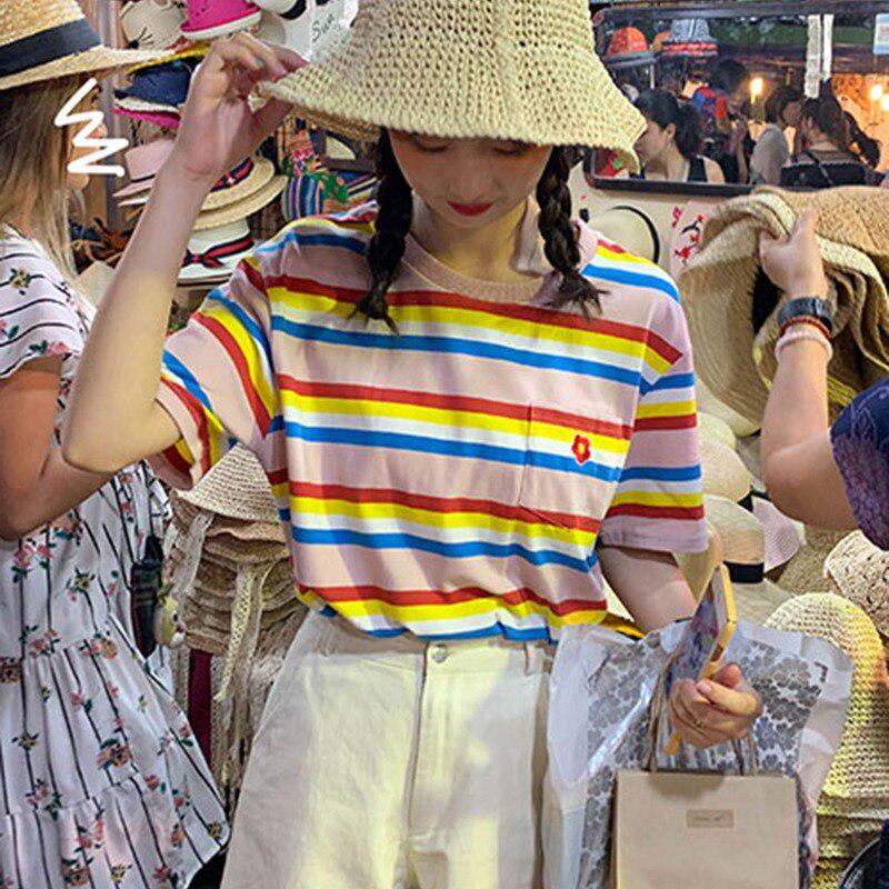 Women's Fashion Summer Casual T Shirt Short Sleeve O-Neck Rainbow Striped Flower Loose Tee
