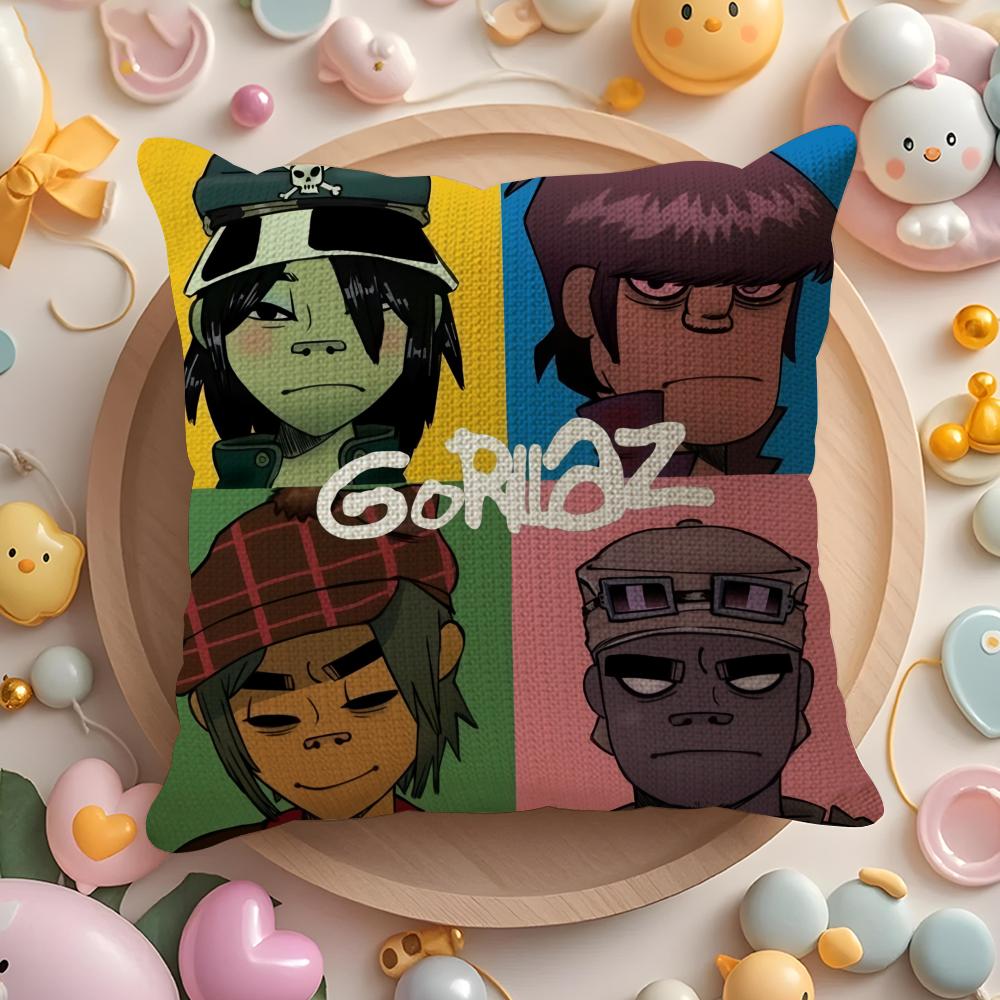 G-Gorillazs Hip Hop Anime Cushion Cover Natural Linen Organic Fabric Double-Sided Printing Sofa Home Decor Gift Pillow Cover
