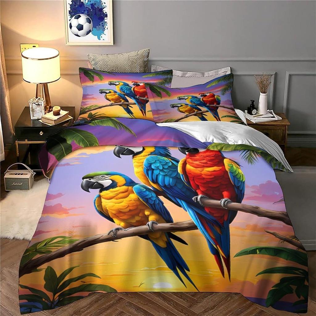 Parrot Bedding Sets King Size Watercolor Animal Feather Duvet Cover Set Palm Leaf Duvet Cover Tropical Plant Birds Quilt Cover