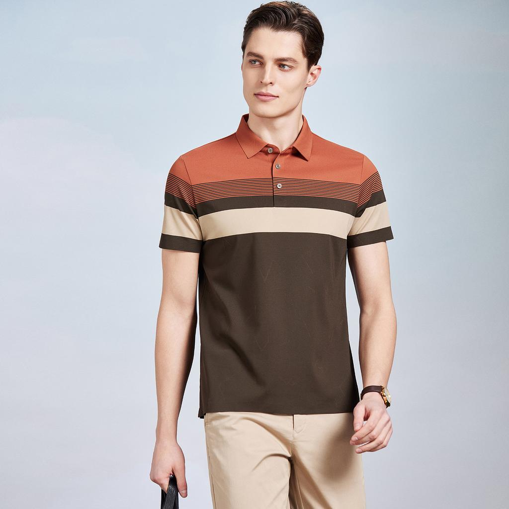 [Including Mulberry Silk] Color blocked striped short sleeved polo shirt for men's summer stretch and easy to maintain business casual T-shirt