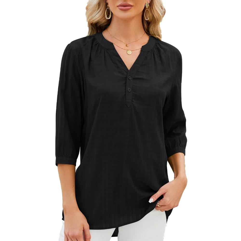 

IHUASU Весна/лето, однотонный свободный комплект с v-образным вырезом и пуговицами, шифоновая блузка для женщин чёрный