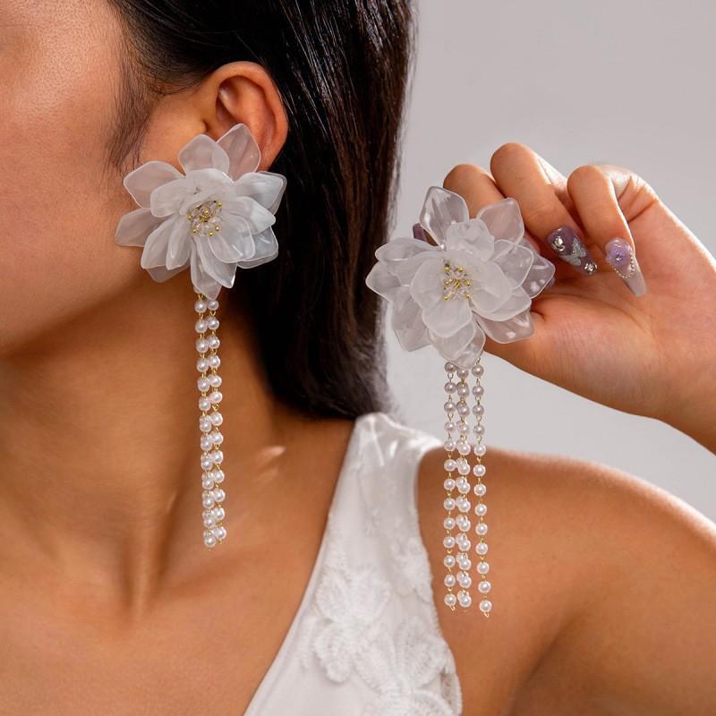 Accessories, Fresh Fringed Camellia Flower Earrings, Three-dimensional Pearl Earrings Earrings