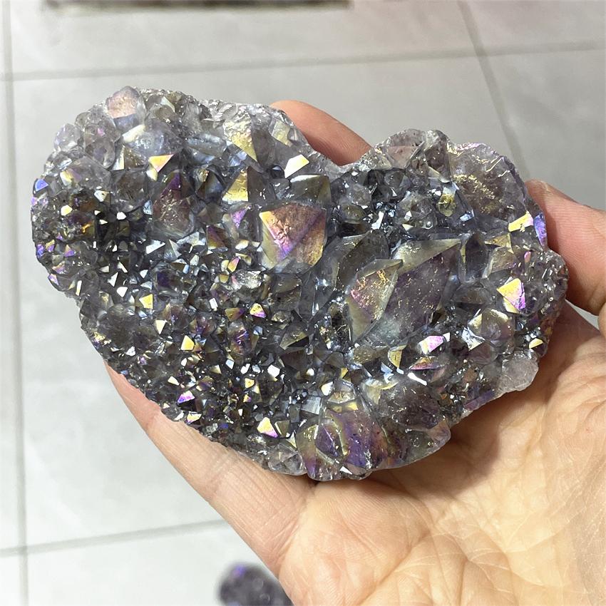 1pcs Amethyst Geode Heart Shaped Crystal Healing Crystals Stones Titanium Rainbow Aura Amethyst Cluster Angel Aura Quartz