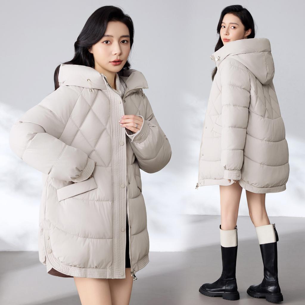 Down cotton-padded clothes women's medium and long bread clothes winter new loose cotton-padded jackets hooded casual cotton-padded jackets