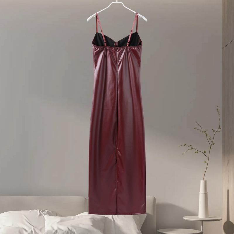 Sexy einfarbiges Leder-Partykleid Damen Schlank Ärmellos Rückenfrei Hüftbetont Langes Trägerkleid 2026 Frühling Sommer Damenkleid