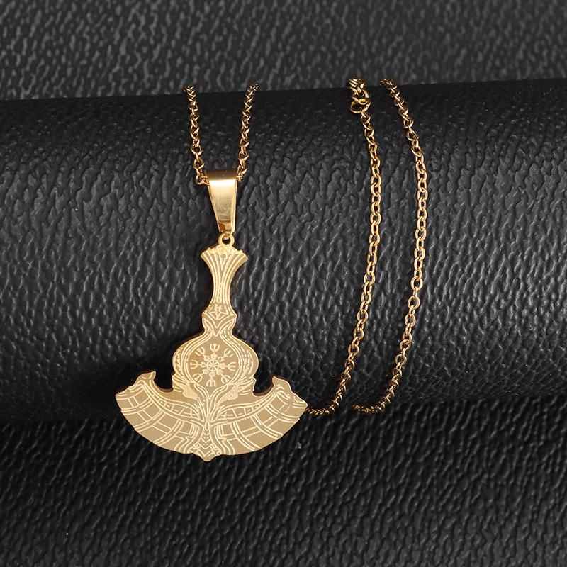 Hoher Preis Macht Edelstahl Peren Axt Thors Hammer Medaille des Ehrfurchts Helms Anhänger Ornament Halskette gray