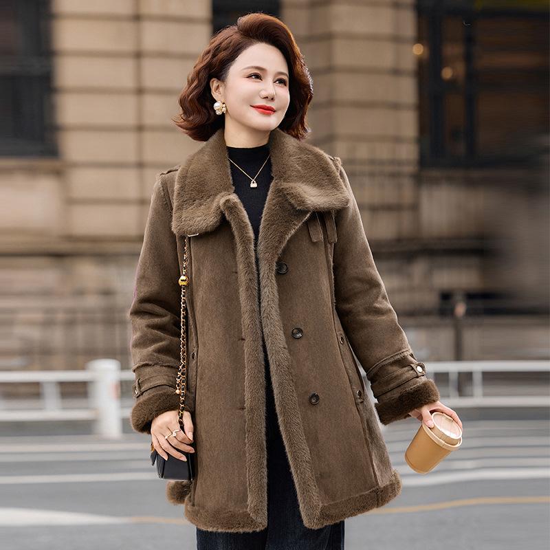Women's Faux Leather and Fur Jacket with Fur Collar, Warm Thickened Coat for Middle-Aged & Elderly, 2025 New Style