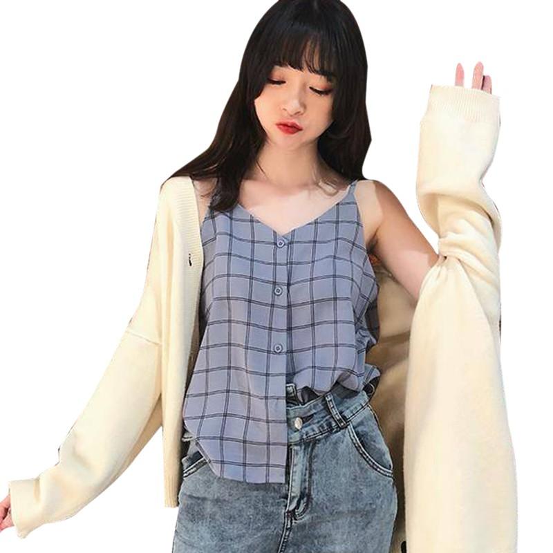 Damska bluzka bez rękawów z dekoltem w serek zapinana na guziki w świeżym stylu, top na ramiączkach, kamizelka z szyfonu w kratę