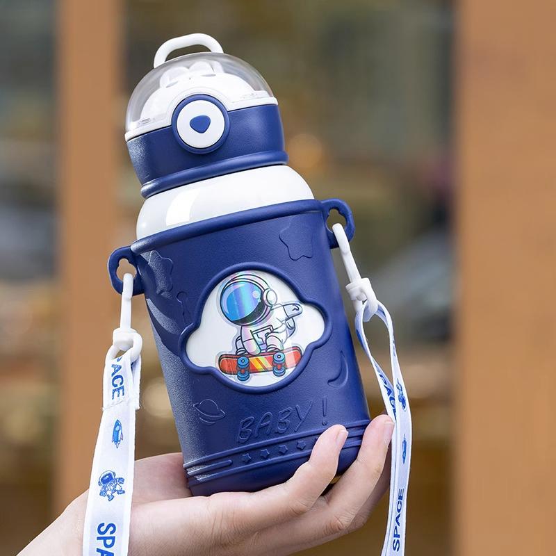 Children' Cartoon Straw Water Thermos Bottle Portable Sealed LeakProof Keep Warm Mug Stainless Steel Kids' Outdoor Thermal Cups