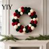 Nordic Style Wall Ornament Christmas Pom Wreath for Front Door, Red Green White Velvet Seasonal Decorative Craft Flocking Hanging Holiday Party,
