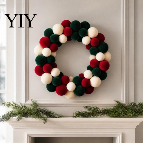 Nordic Style Wall Ornament Christmas Pom Wreath for Front Door, Red Green White Velvet Seasonal Decorative Craft Flocking Hanging Holiday Party,