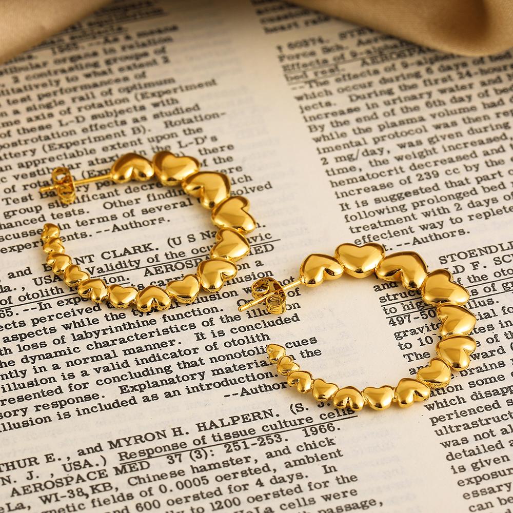 

New Trendy Flat Heart C Shape Chain Hoops Gold Plated Love Heart Circle Hoop Earrings for Women Girls Party Zircon Gifts