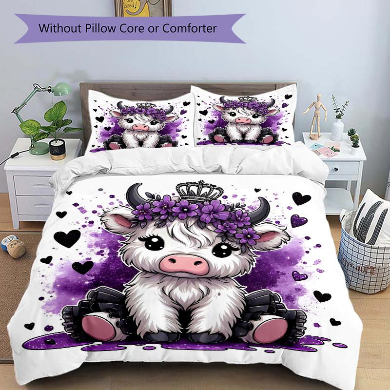 

3pcs Purple Crown Cow Printed Quilt Set - Soft and Comfortable Quilt Cover for Bedroom, Guest Room and Dormitory Decorative Bedding Set 1 Du 135cm*200cm